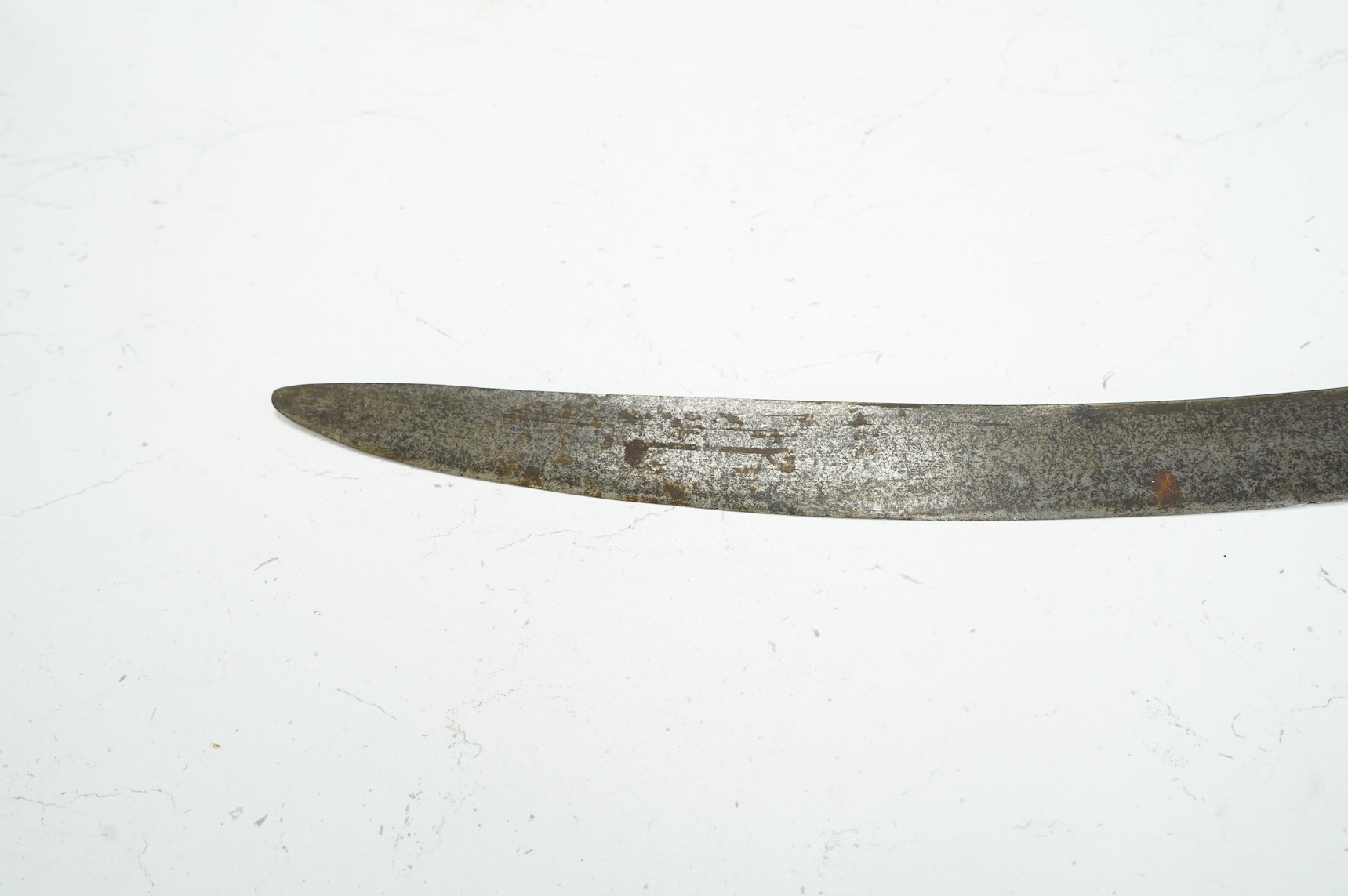 A good Indian sword tulwar, with 19th century broad curved single edge blade and iron hilt of conventional form entirely covered with flowering foliage